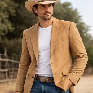 Farah Texas Western Blazer Jacket Tan Suede Feel 40R M Vintage Cowboy Ranch